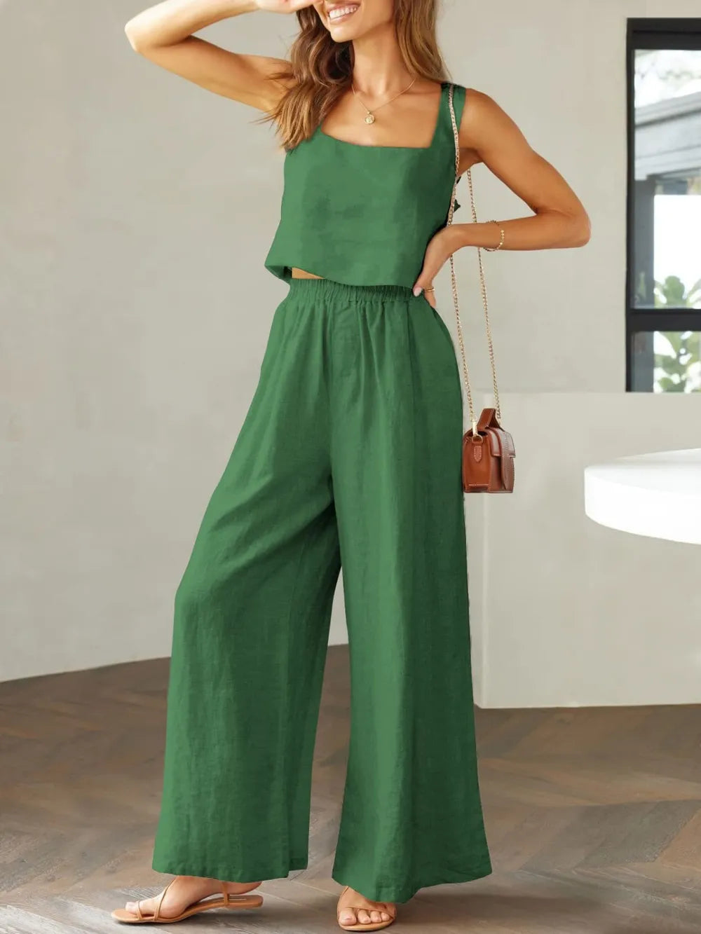 Cotton Top and Wide Leg Pants Set