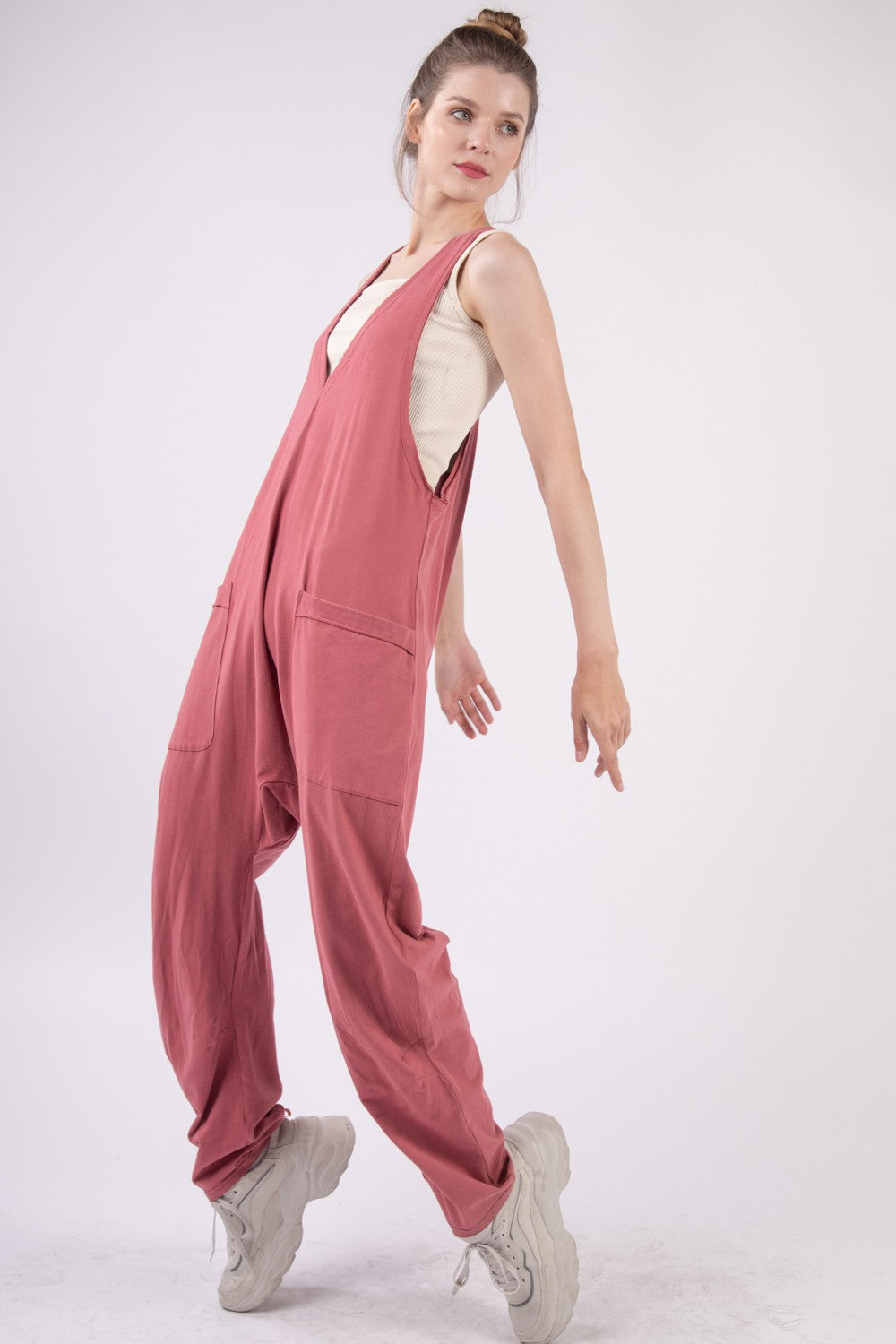 Cotton Plunge Jumpsuit with Pockets