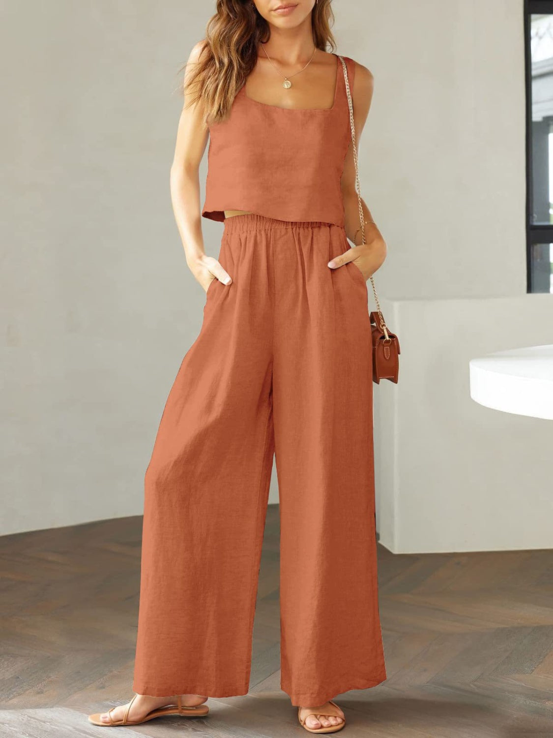 Cotton Top and Wide Leg Pants Set