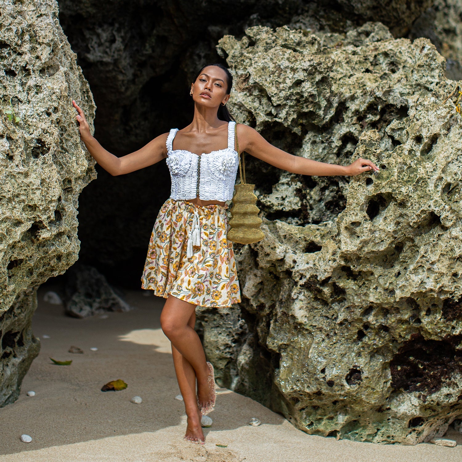 Floral Batik Skorts In Marigold Yellow