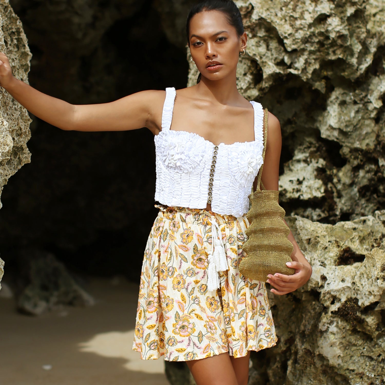 Floral Batik Skorts In Marigold Yellow