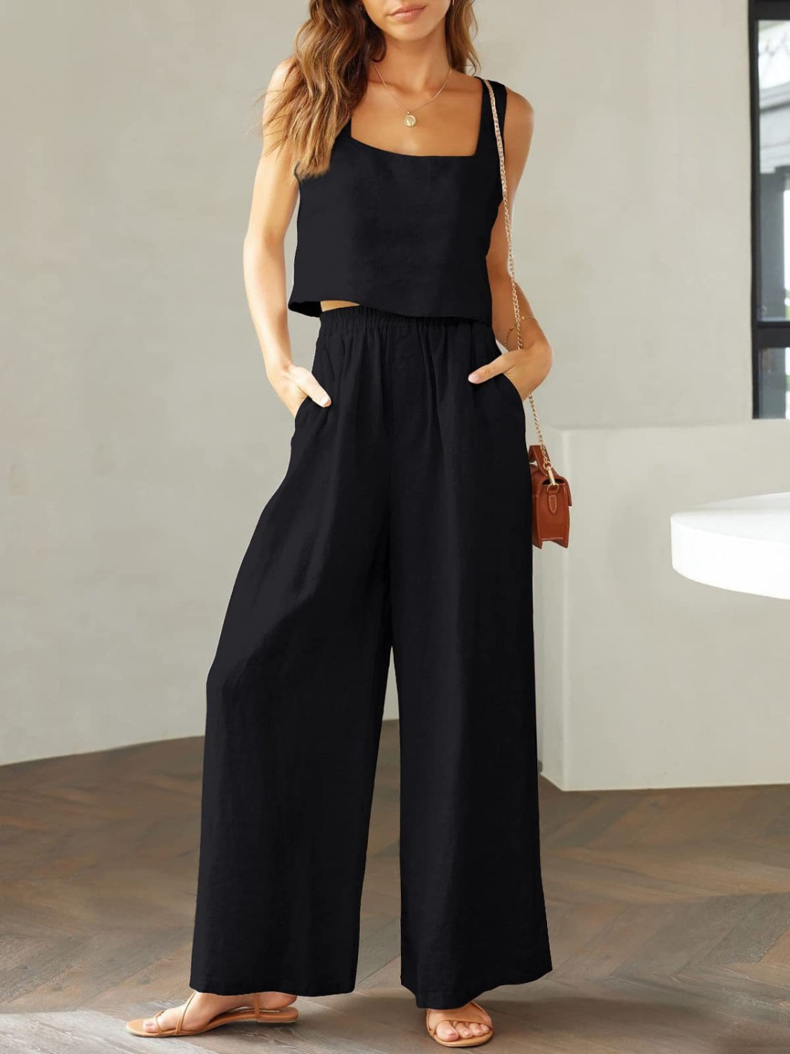 Cotton Top and Wide Leg Pants Set