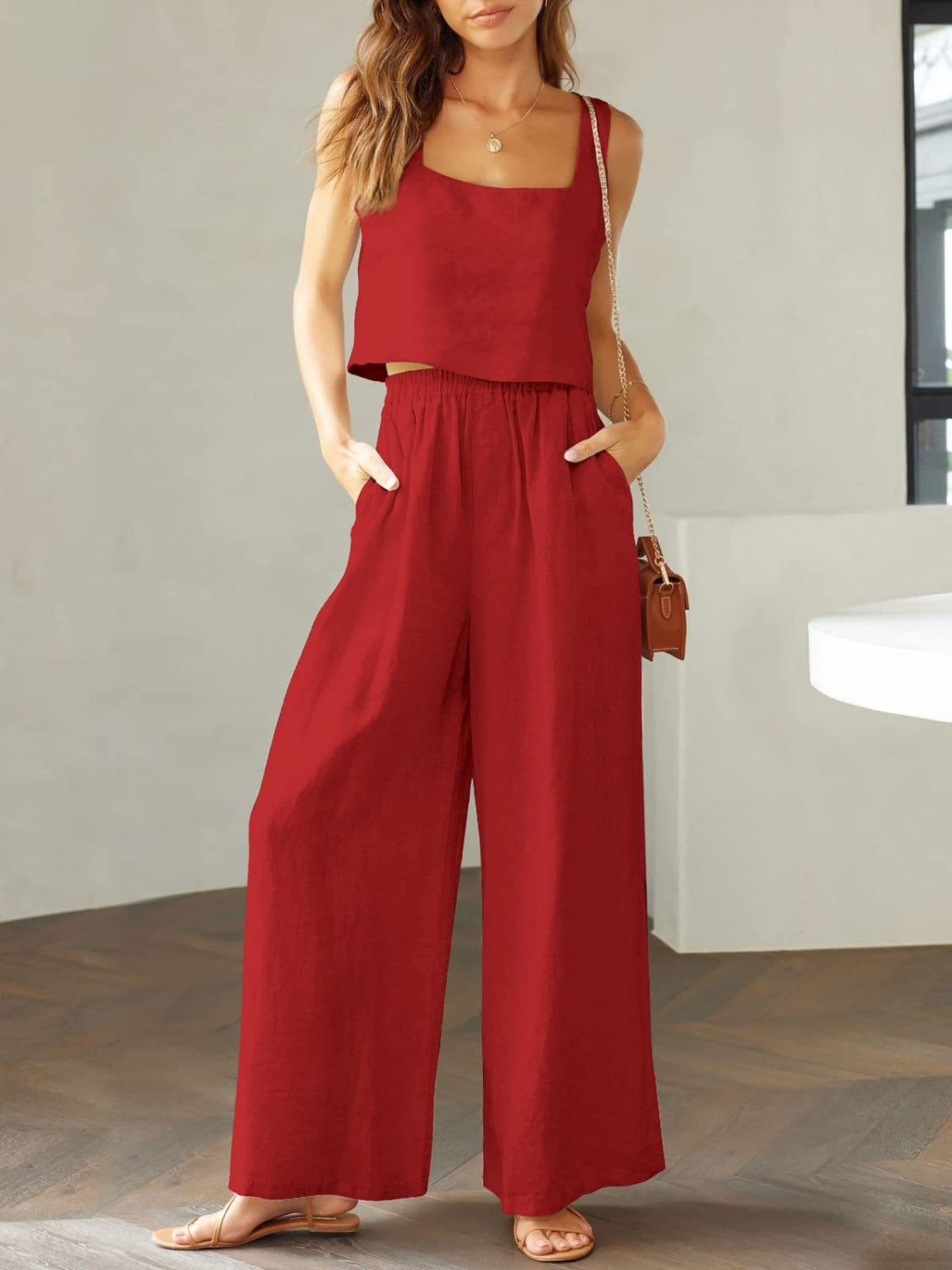 Cotton Top and Wide Leg Pants Set