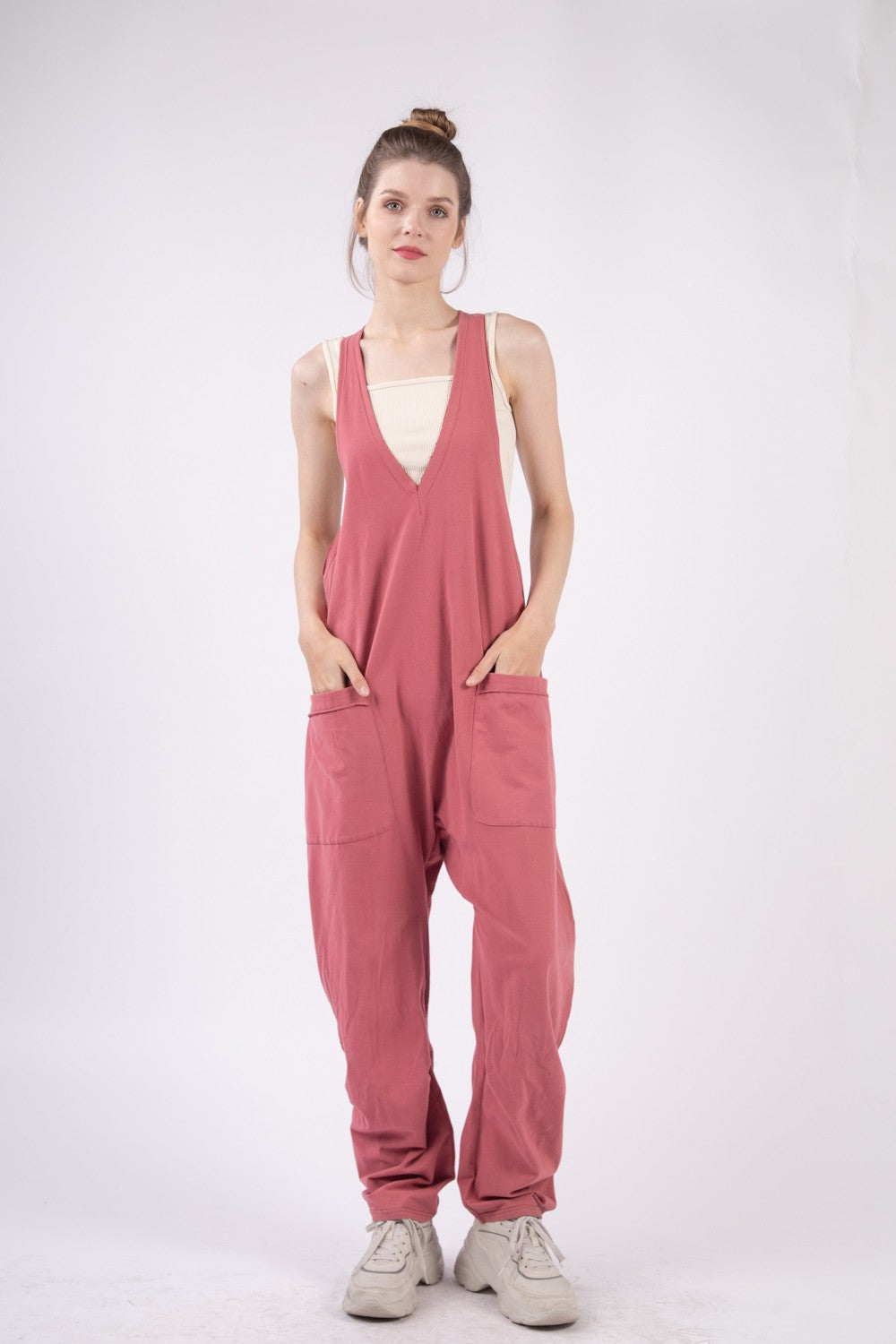 Cotton Plunge Jumpsuit with Pockets