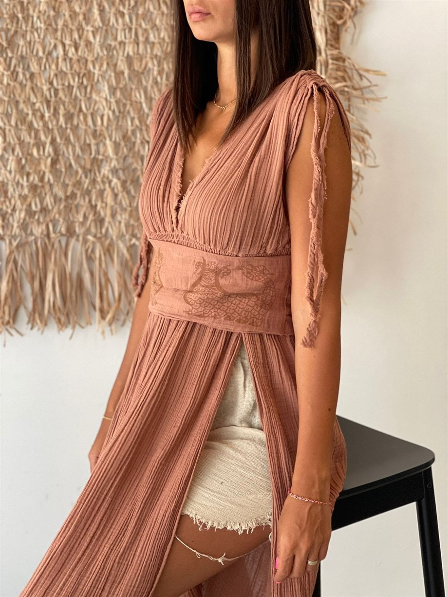 Brown Handcrafted Double Slit Maxi Dress