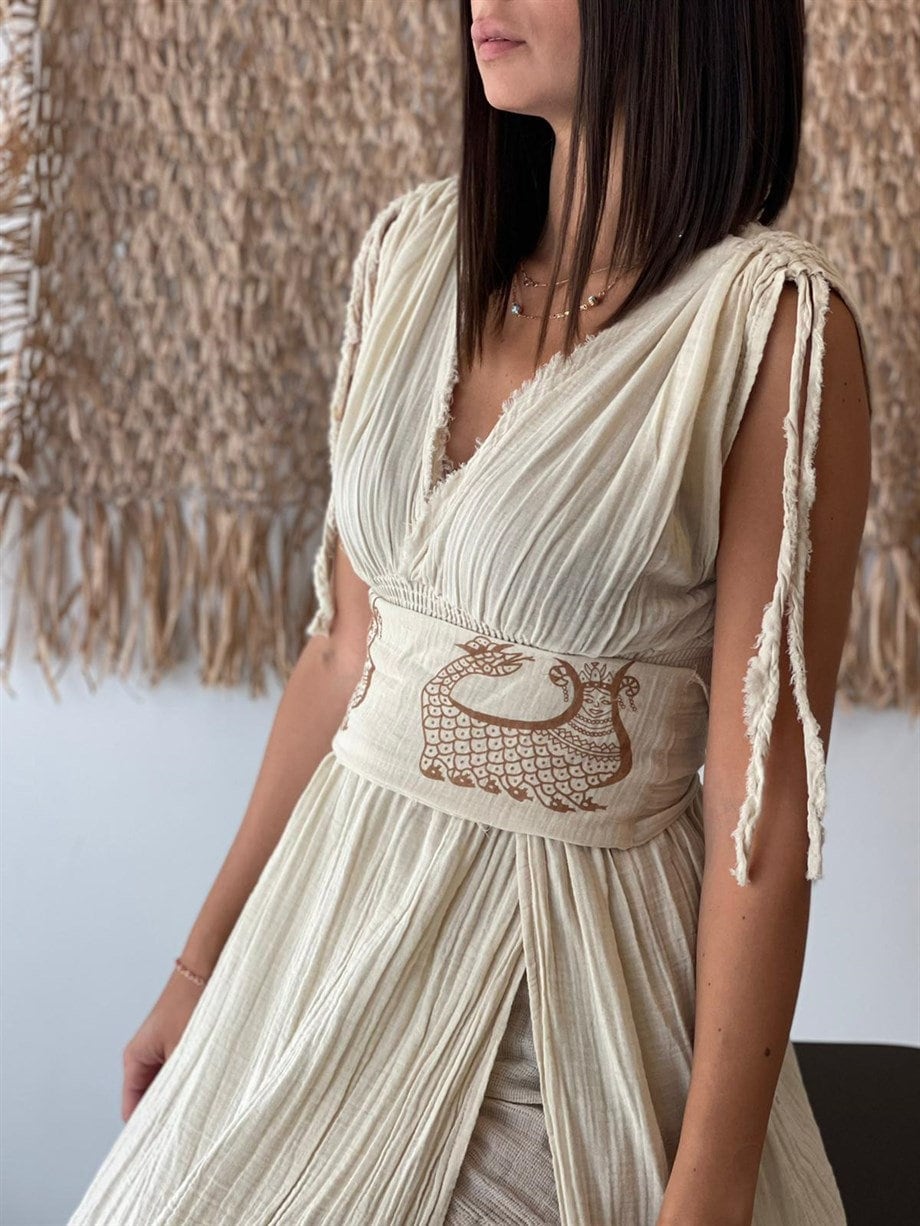 Beige Handcrafted Double Slit Maxi Dress