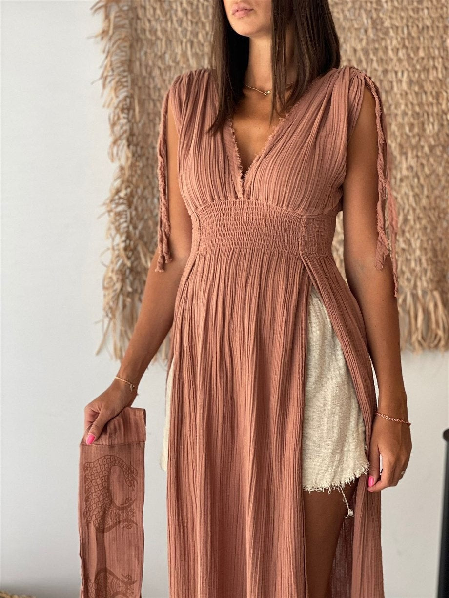 Brown Handcrafted Double Slit Maxi Dress