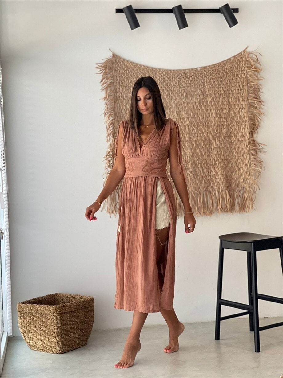 Brown Handcrafted Double Slit Maxi Dress